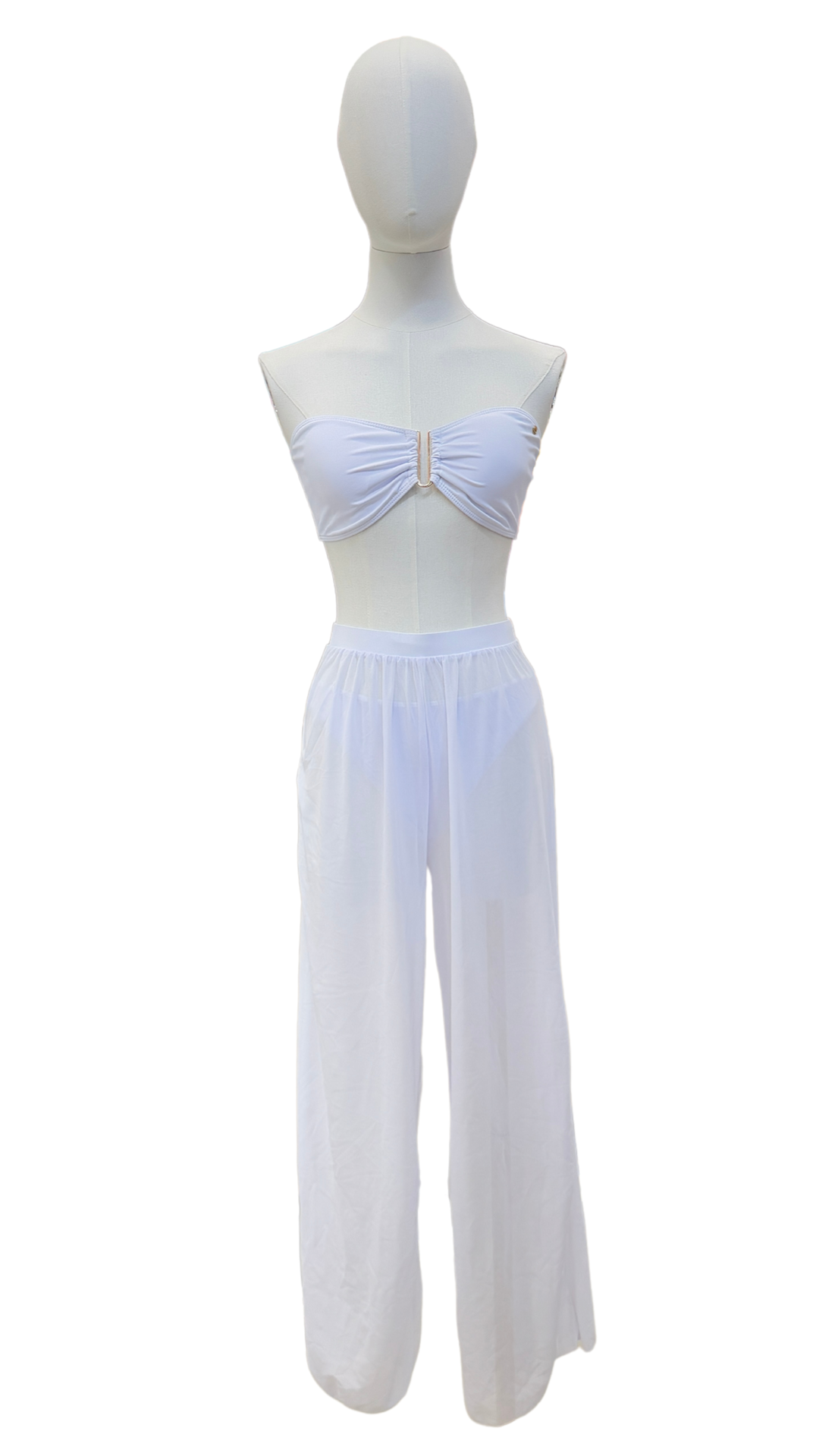 Set bikini strapless + pantalón de tela mesh