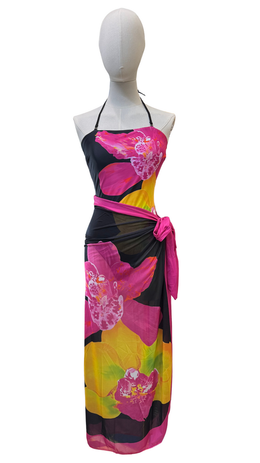 Bañador strapless orquídeas + pareo largo