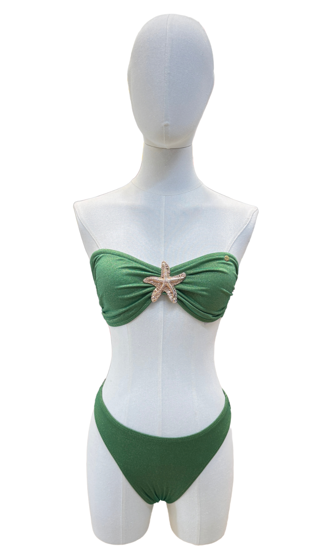 Set bikini strapless + pareo corto con estrellas doradas