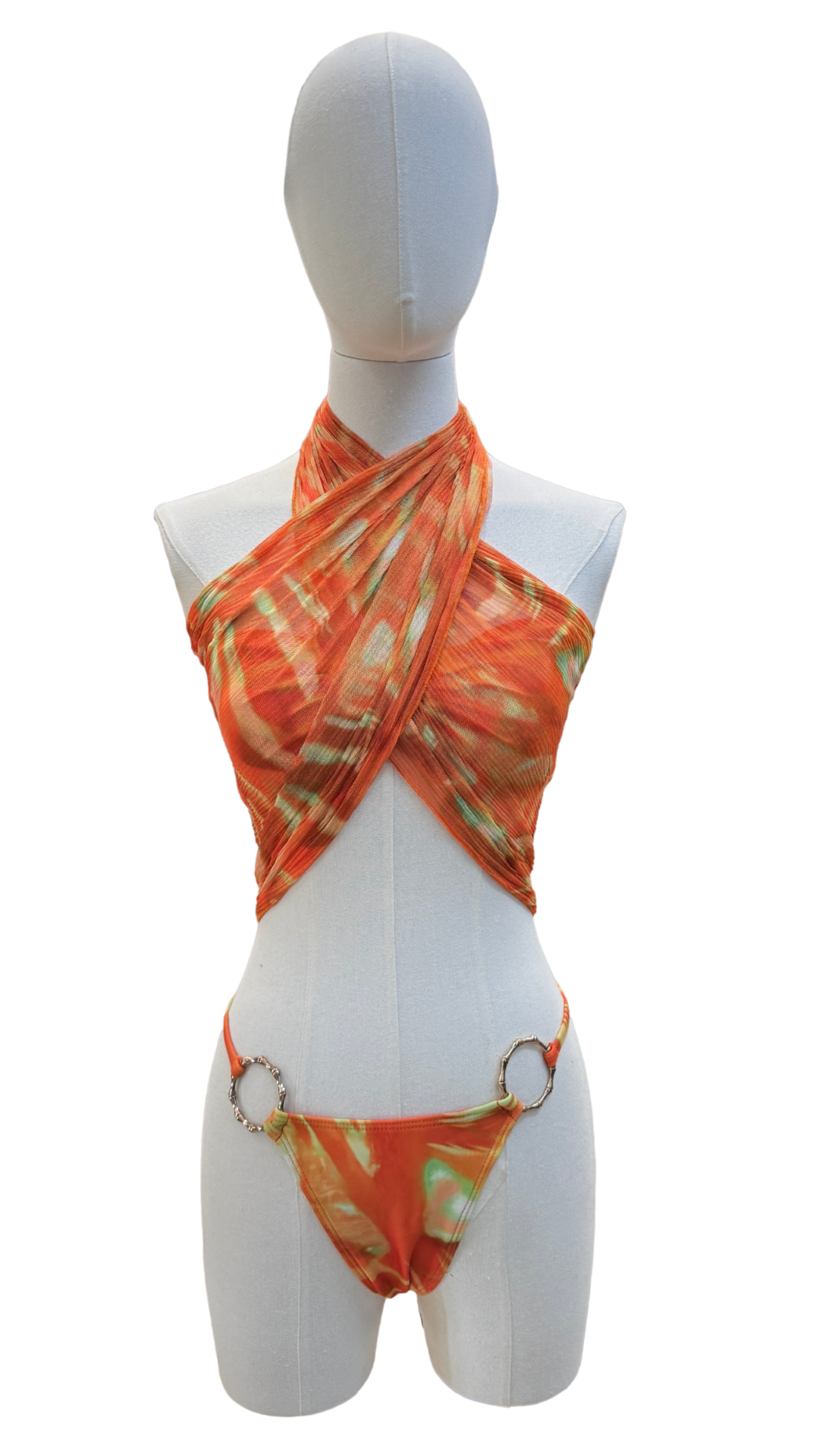 Set bikini strapless estampado + pareo corto multiformas