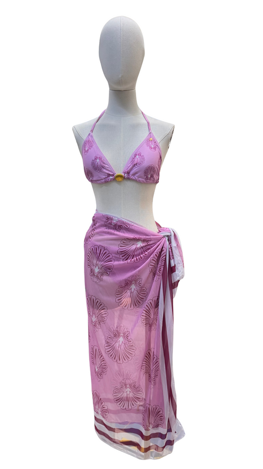 Set bikini con concha dorada + pareo largo