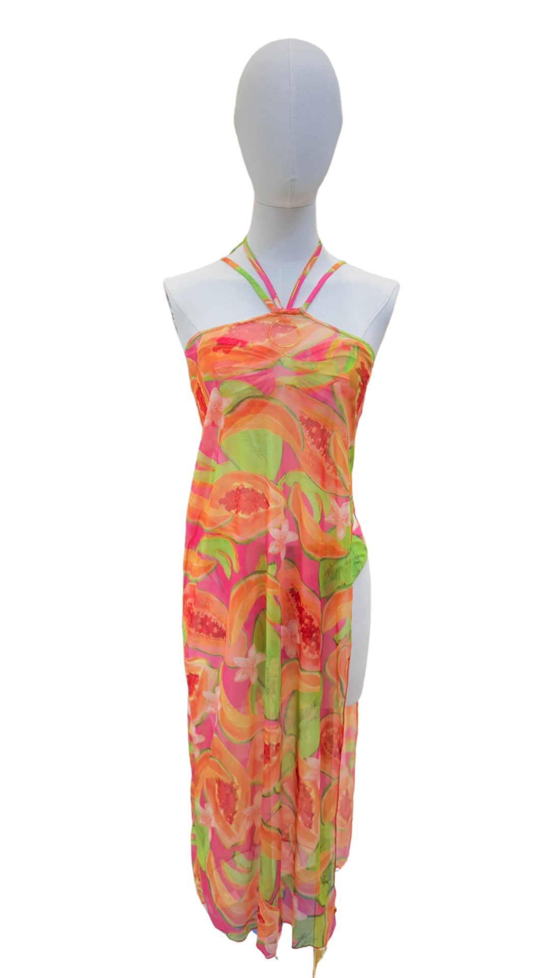 Set bikini strapless + pareo largo de estampado frutal