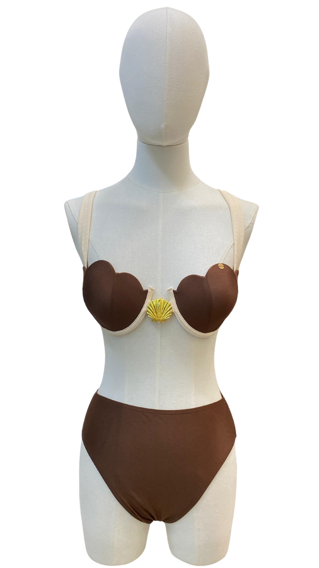 Set bikini de tiro alto con concha dorada y top de sirena