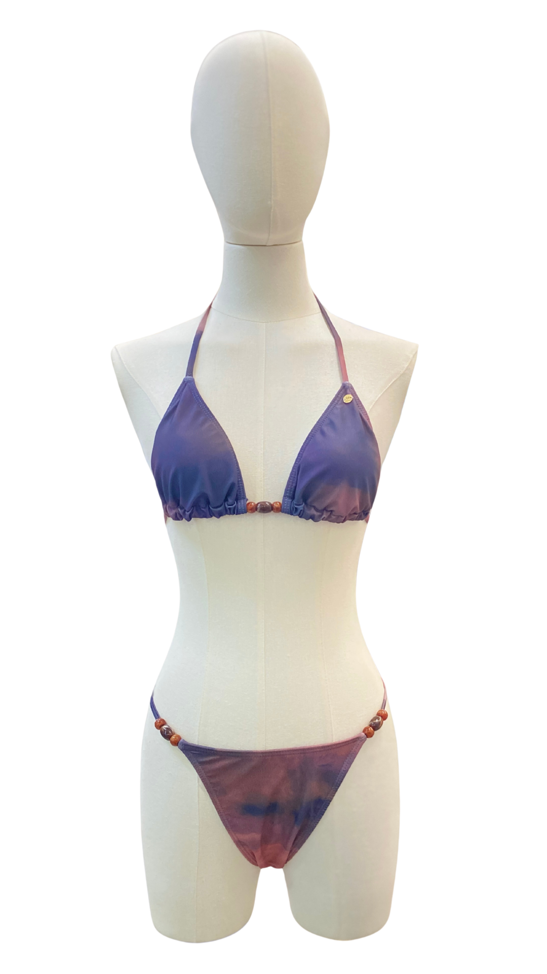Set bikini + falda corta de tela mesh con detalles de cuentas