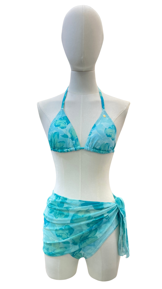 Set bikini de tiro medio + pareo corto de tela mesh