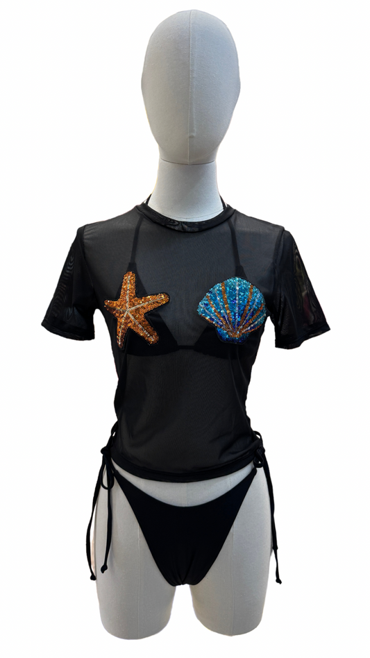 Set bikini ajustable + top con estrellas dorada y concha de lentejuelas