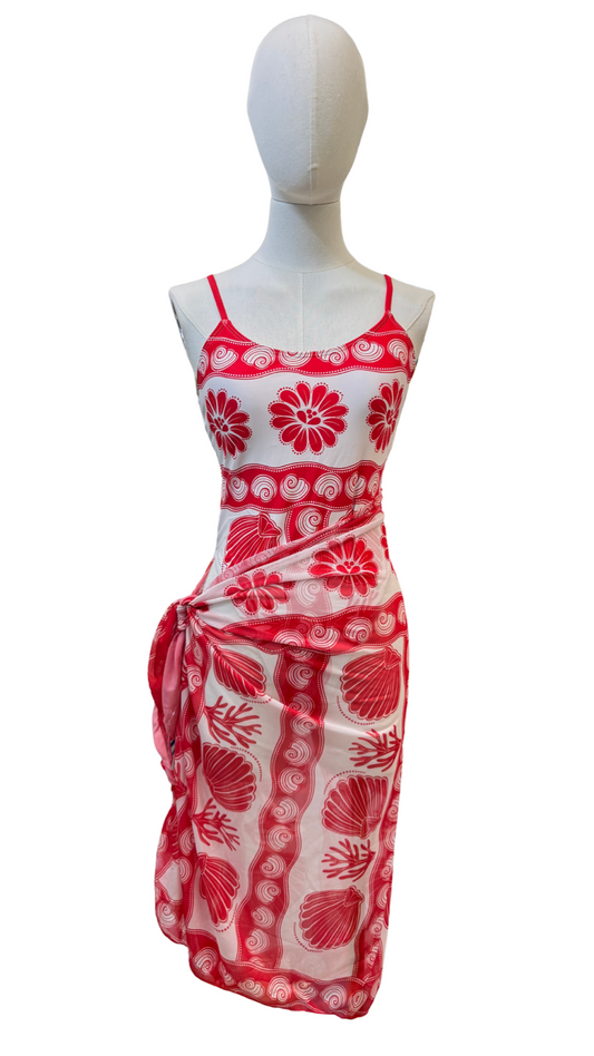 Bañador estampado conchas y coral + pareo largo tela mesh