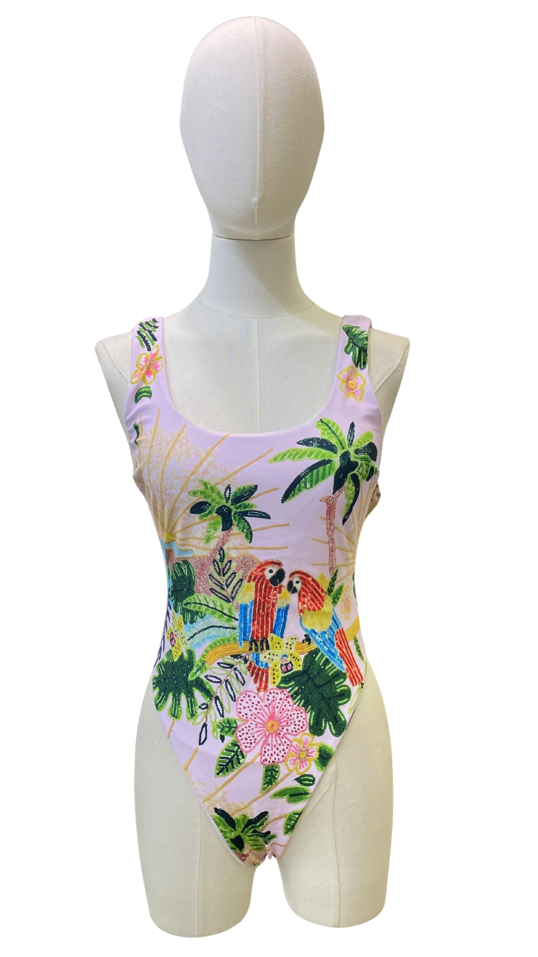 Bañador estampado tropical efecto lentejuelas