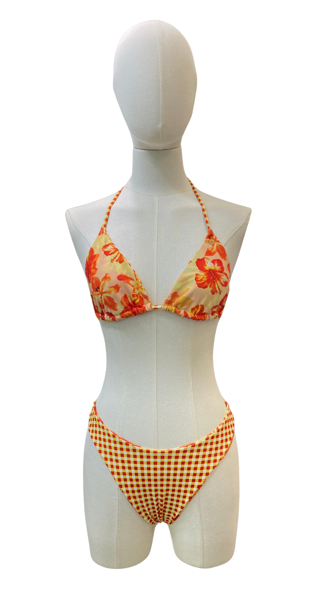 Set bikini doble vista de cuadros y estampado tropical