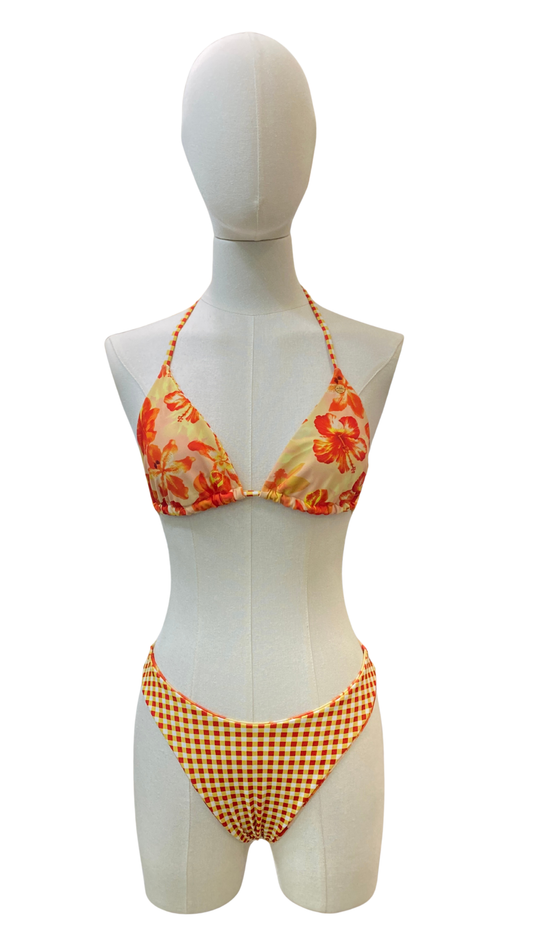 Set bikini doble vista de cuadros y estampado tropical
