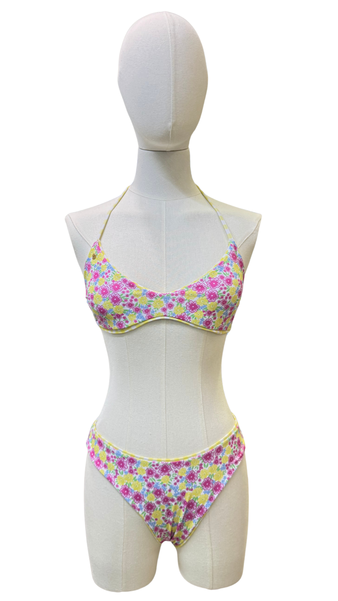 Set bikini de tiro alto doble vista florecitas y cuadros