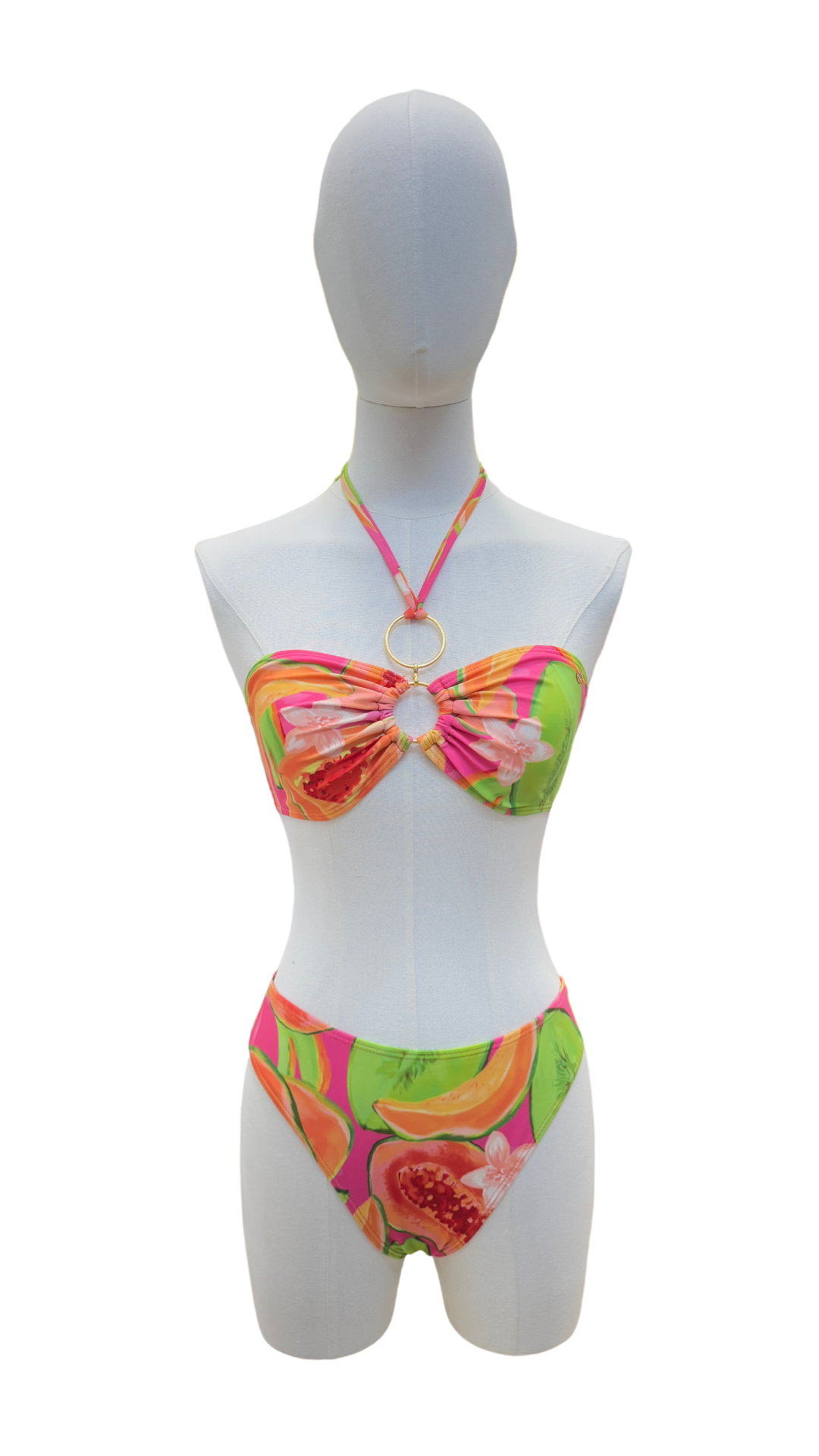 Set bikini strapless + pareo largo de estampado frutal