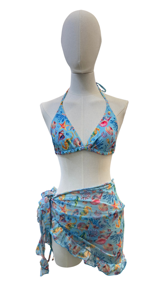 Set bikini completamente ajustable + pareo corto mesh