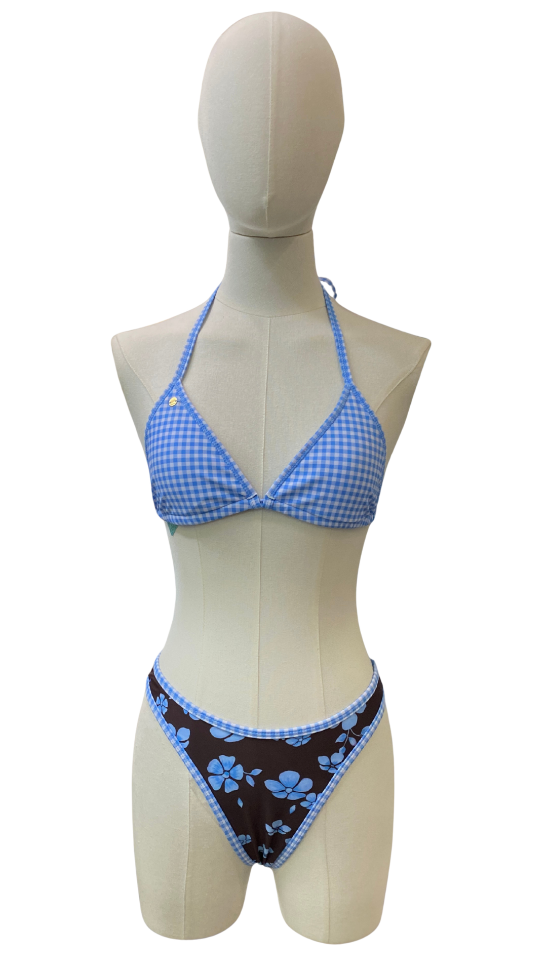Set bikini doble vista cuadros y flores tropicales