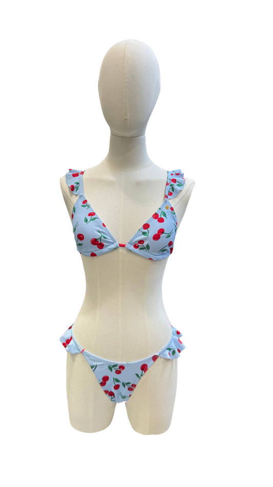 Set bikini con estampado azul de cerezas